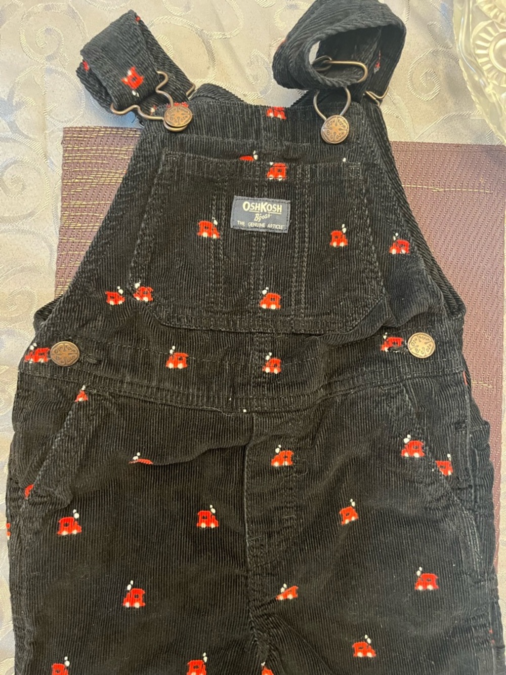 OshKosh B'gosh Black Corduroy Overalls with Red Car Motif